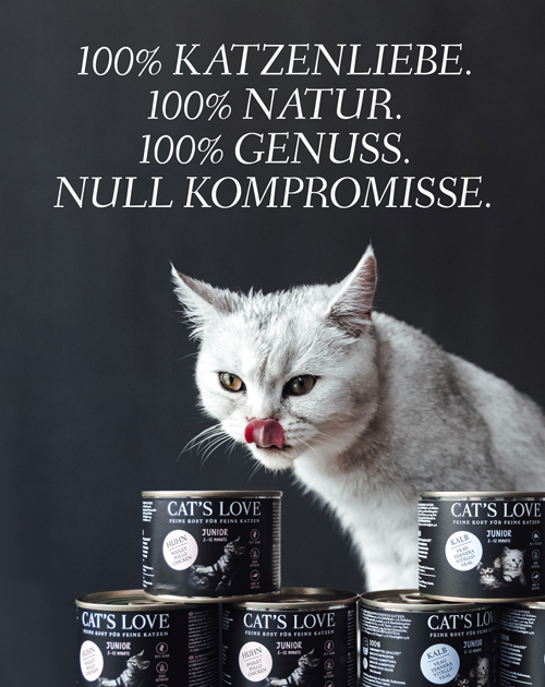 Banner mit einer Katze und CAT'S LOVE Produkten sowie dem Text 100% Katzenliebe. 100% Natur. 100% Genuss. Null Kompromisse