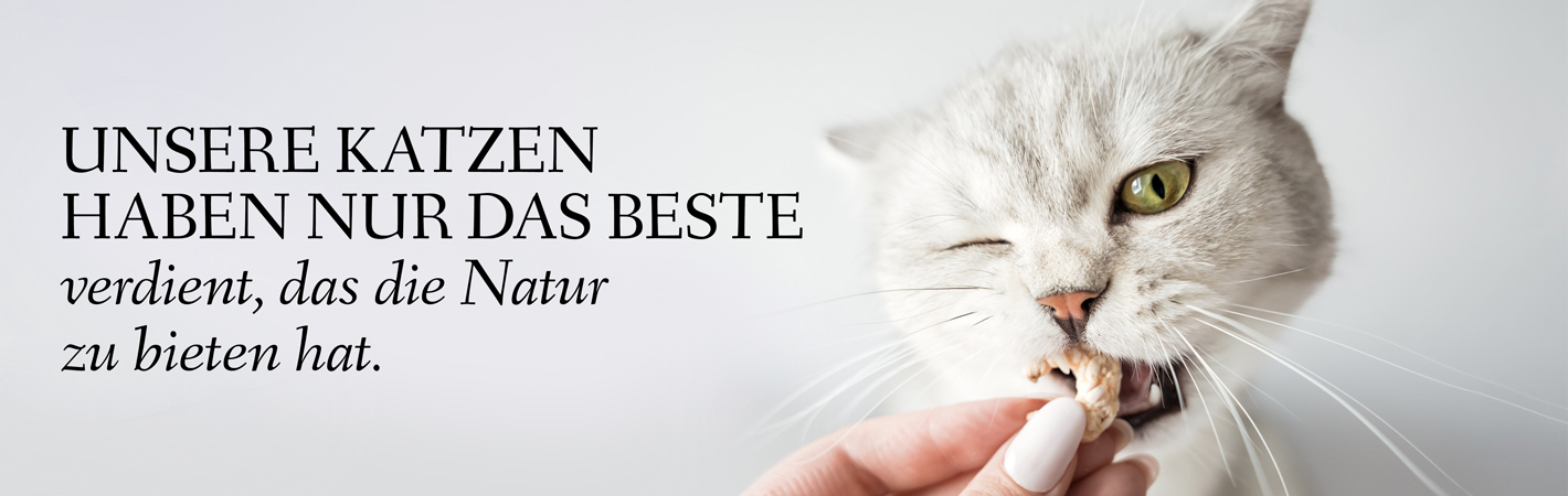 Banner mit einer Katze die an einer Garnele knabbert mit dem Text: Unsere Katzen haben nur das Beste verdient, das die Natur zu bieten hat.