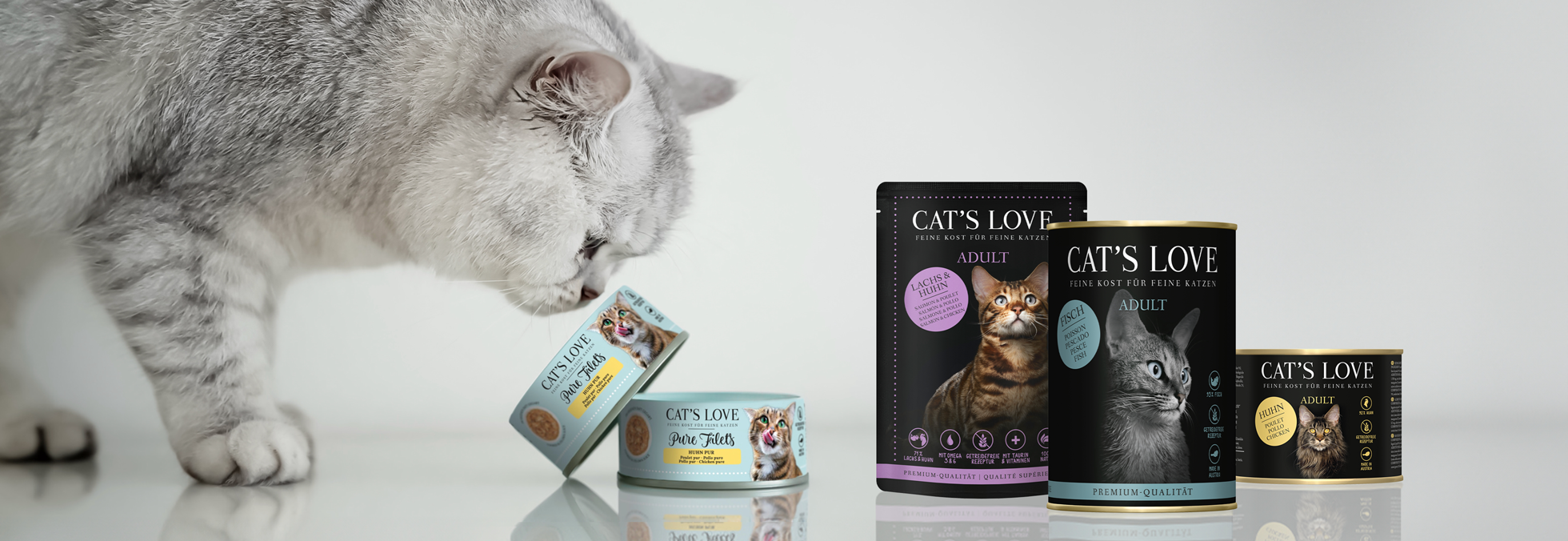 Katze riecht an Katzenfutter von Catslove